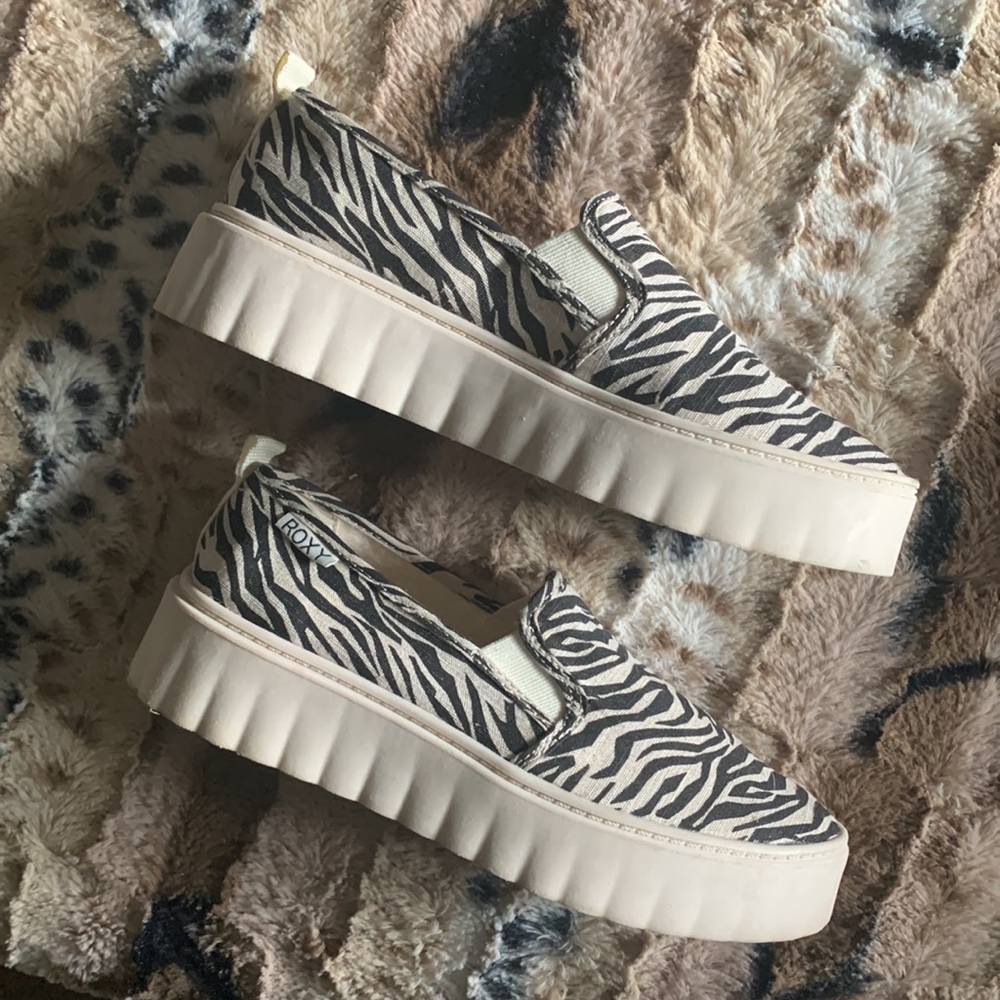 Roxy Zebra Print Platform Slip-On Sneakers in Black and Cream